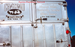 Rear view of NYC crriage company truck and trailer in New Holland Sales Stables parking lot for Monday sale.